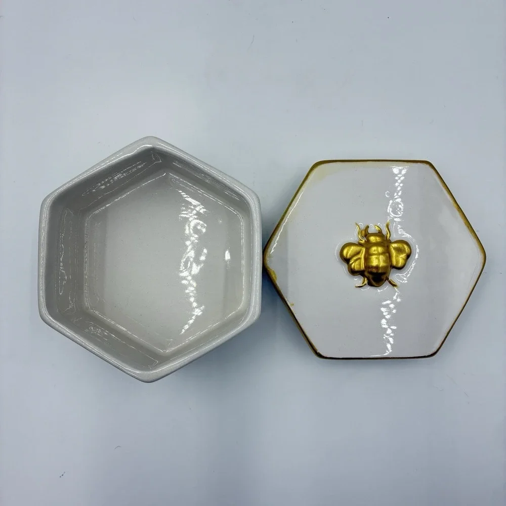 White Gold Trinket Jewelry Vanity Holder Box With Bee Hand Painted Octagon Shape